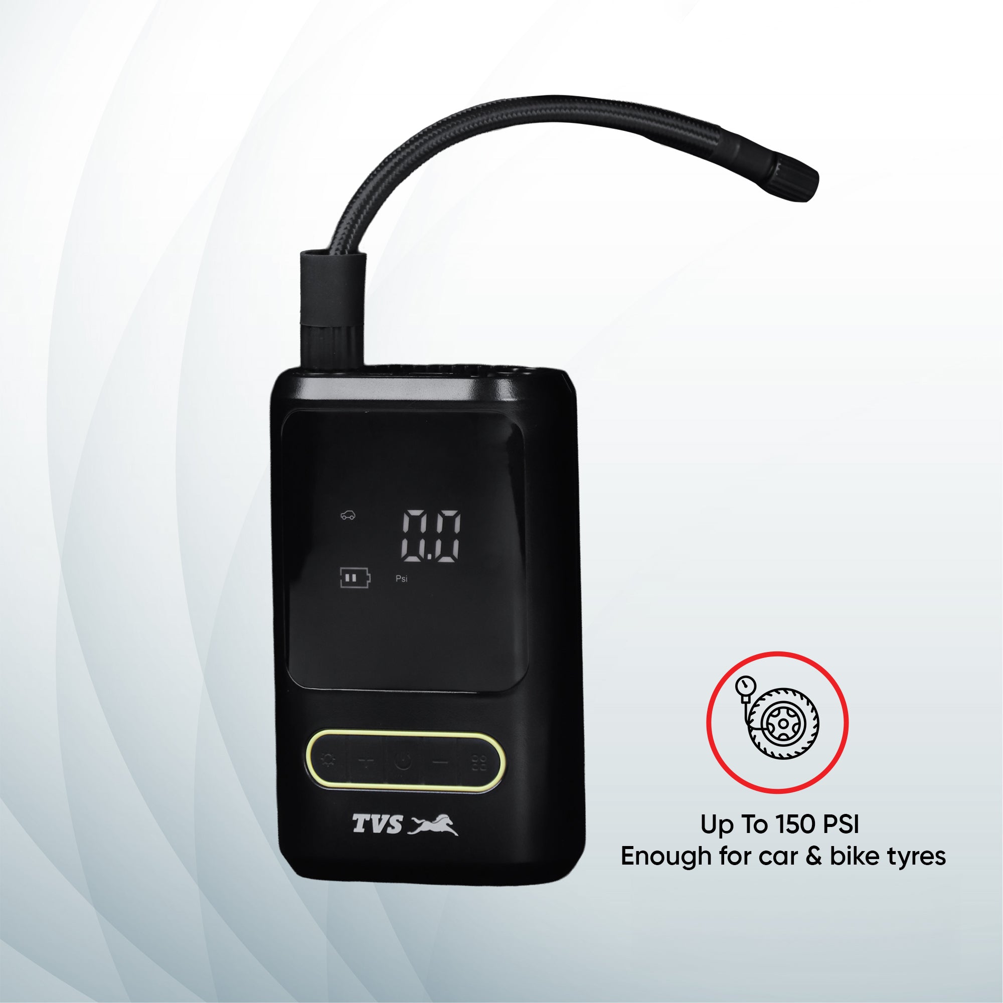 TVS Tyre Air Inflator 150 PSI Portable with Digital Display, LED Light, Multi-Nozzle & Multi-Mode Settings, Rechargeable 2000 mAh Battery for Car, Motorcycle, Bicycle & Sports Balls